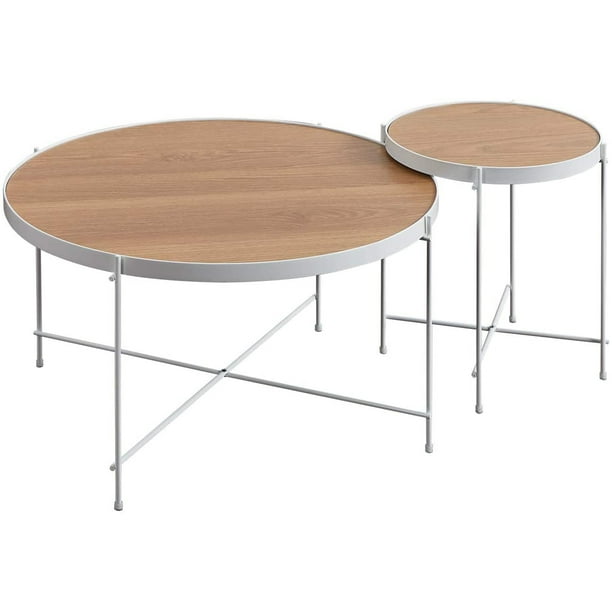 Durable Metal White Frame, Round Light Color Wood Coffee Table