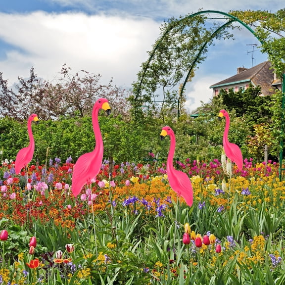 KALLORY Set of Flamingo Garden Stakes for Yard and Patio, Decorative Outdoor Lawn Statues 34x14in
