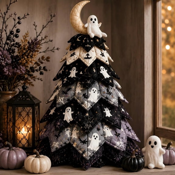 DIY Halloween Quilted Fabric Tree Kit Seasonal Centerpiece for Mantel Shelf, Handmade 3D Patchwork Décor Craft with Materials