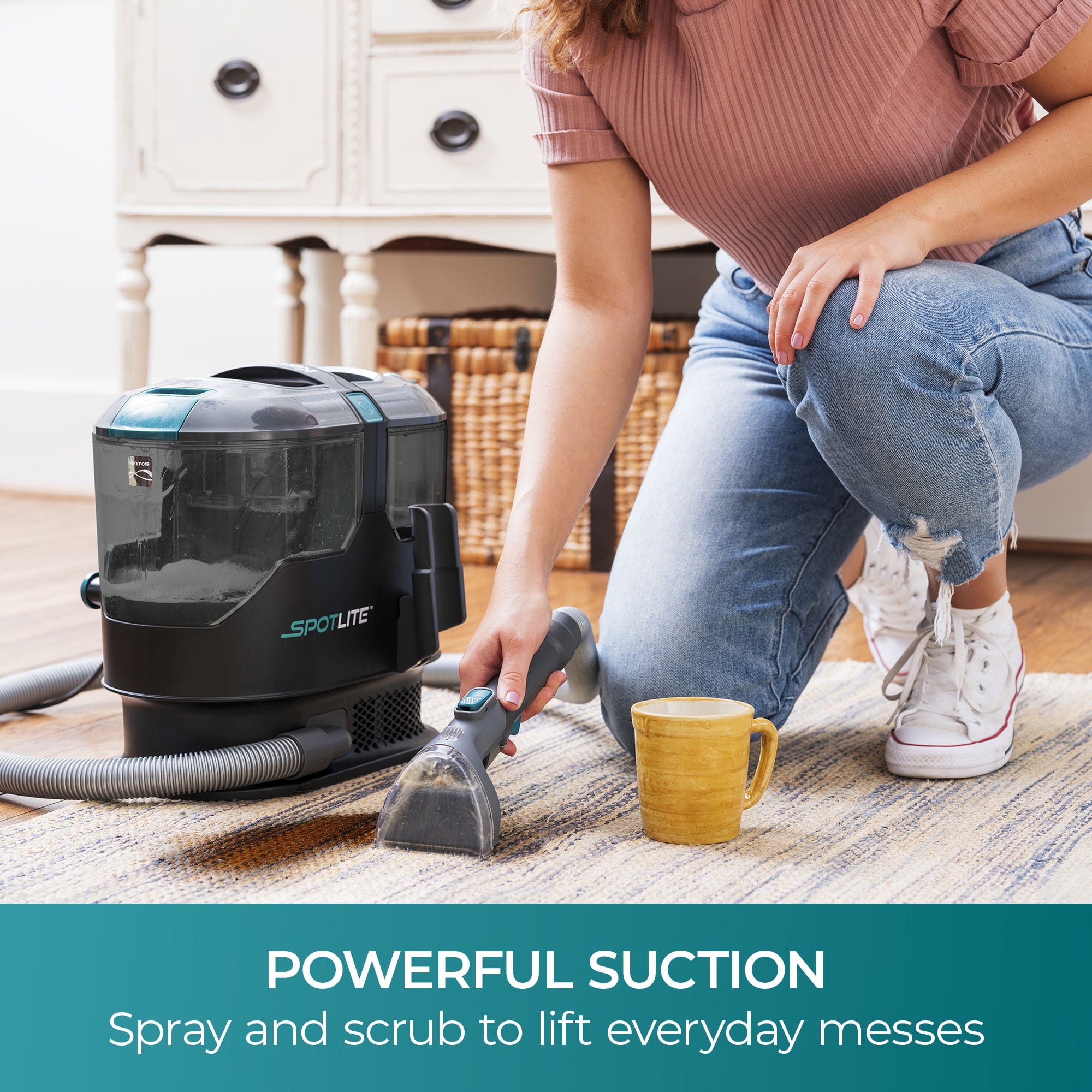 Kenmore SpotLite™ Carpet & Upholstery Cleaner, for Rugs, Stairs, Upholstery & Carpets, Portable, Powerful Suction for Stains & Odor Removal, Pet Friendly, KW2001.01, Black with Teal