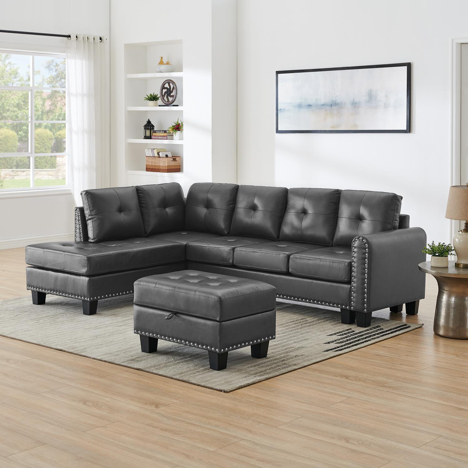 97" W L Shaped Sofa with Storage Ottoman,L Shaped Couch,Modern Sectional Sofa for Living Room,Bedroom,Office,Grey