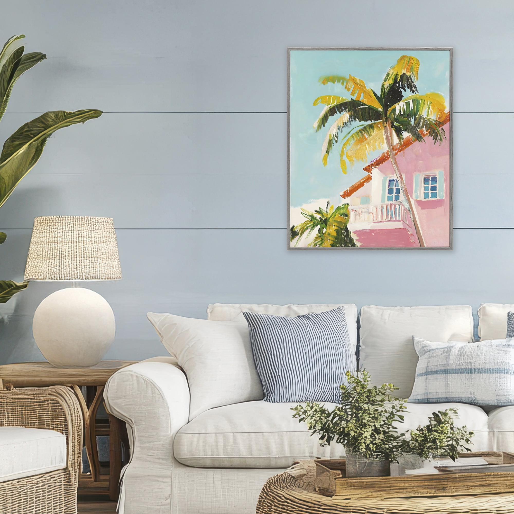 Stupell Industries Pink House Palm Tree Gray Framed Giclee Art, design by The Prints Vibe