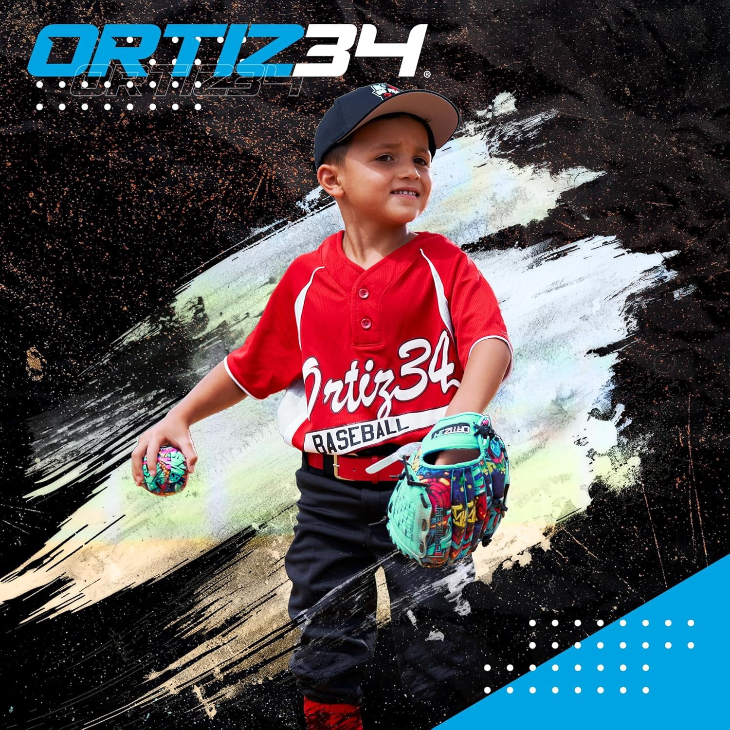 Ortiz34 Youth T-Ball Set, 25" Aluminum Bat (-10 Drop), Foam Core T-Ball, 9" Lightweight Glove, Graffiti Print