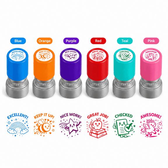 6PS Teacher Stamps for Classroom, Self Inking Grading Stamps Set, Motivational Reward Stamps with Unicorn, Rainbow, Bee & Star, Classroom Essentials for Elementary School & Homeschool