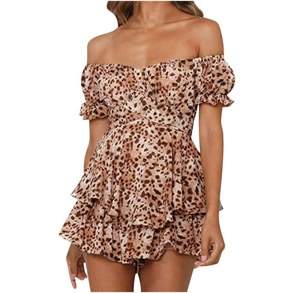 LYXSSBYX Womens Shorts Plus Size Clearance Women Boho Romper off Shoulder Ruffle Chiffon Shorts Jumpsuit Playsuits