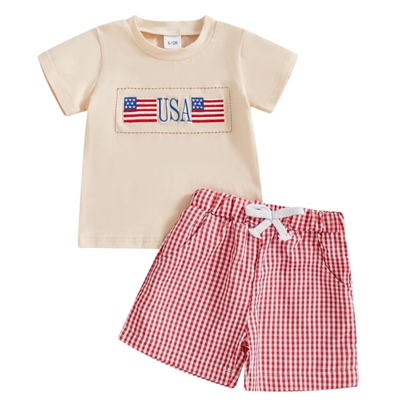 4th of July Shirt Boys 4th Of July Toddler Baby Boy Outfits Short Sleeve American Flag Tshirt Plaid Shorts Set Patriotic Summer Clothes,Red