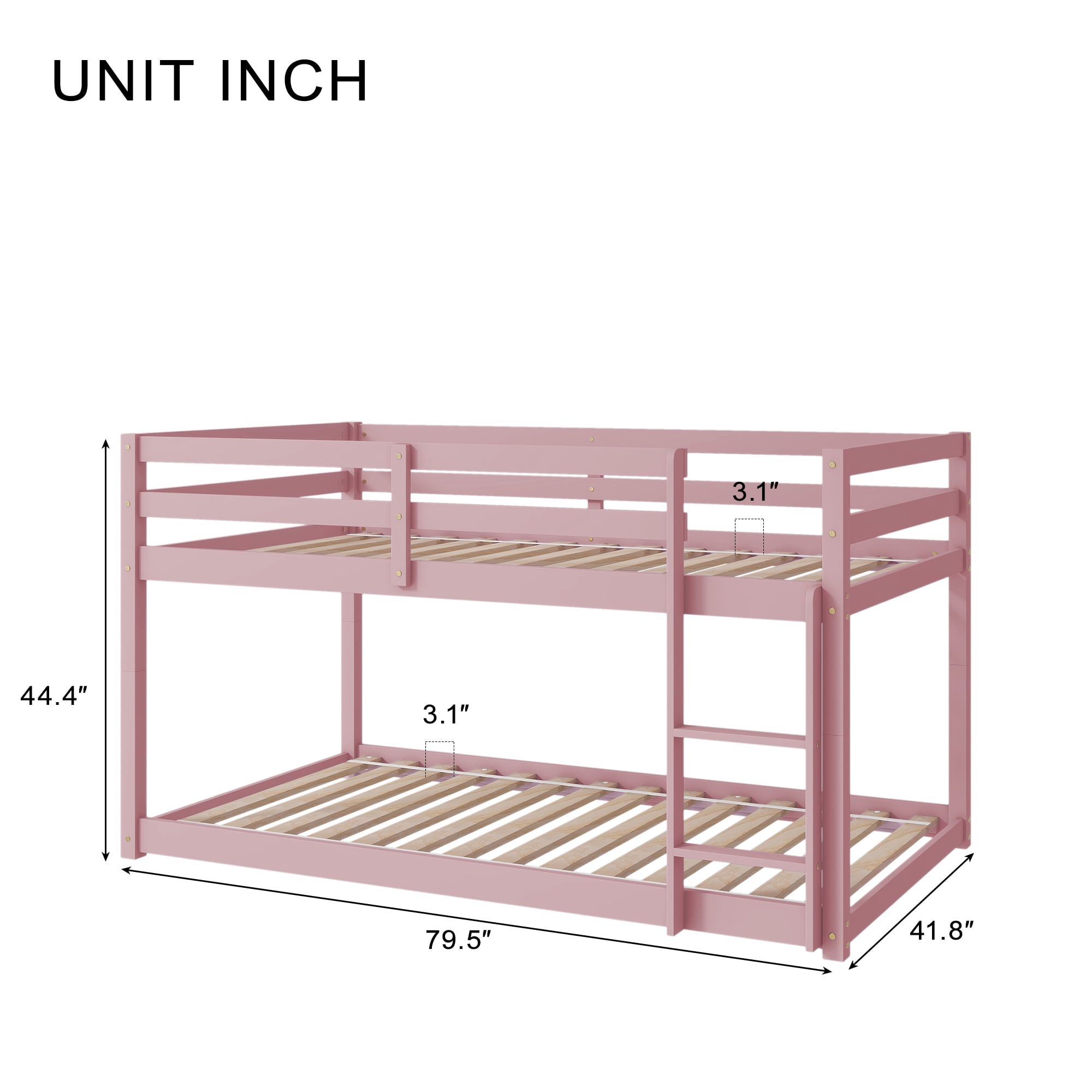 Miniyam Twin over Twin Low Bunk Bed for Kids, Pink