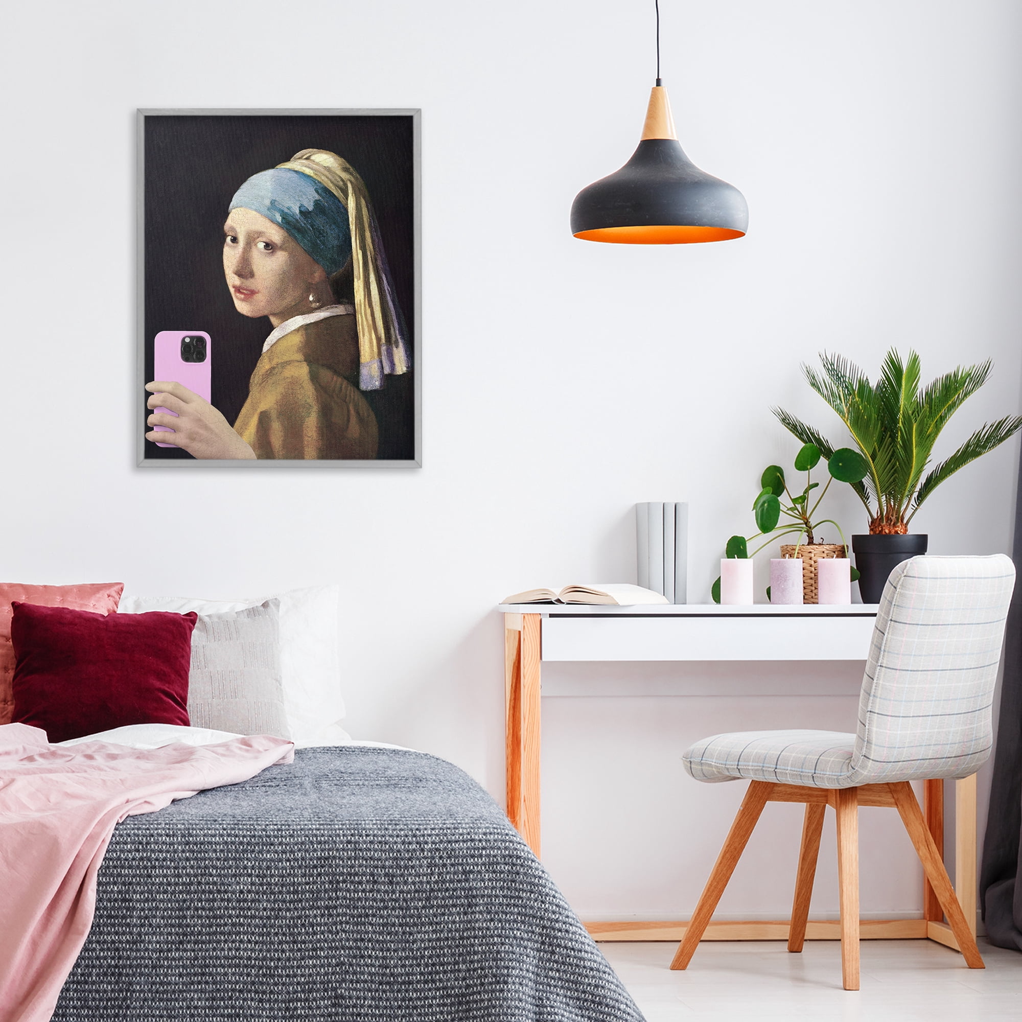 Girl With Pink Phone Funny Gray Framed Giclee Art, design by Masters Redux