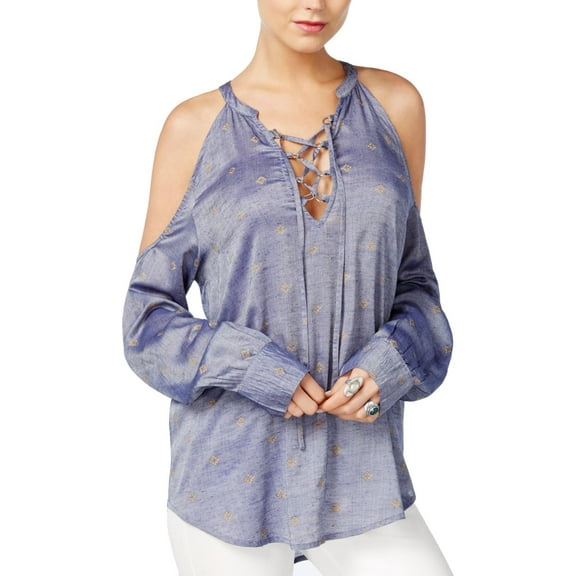 William Rast Womens Cyrus Chambray Cold Shoulder Blouse Blue M