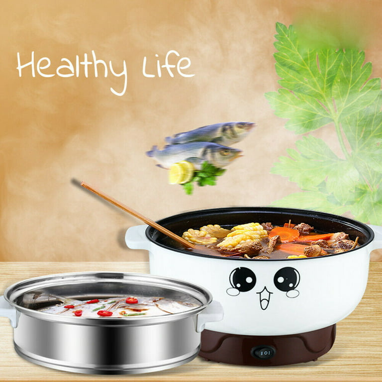 Multifunctional Non-Stick Electric Skillet, 2.3L Stainless Steel Hot Pot Round Frying Pan Steamed Egg Mini Heating Pan Cooker with Steamer