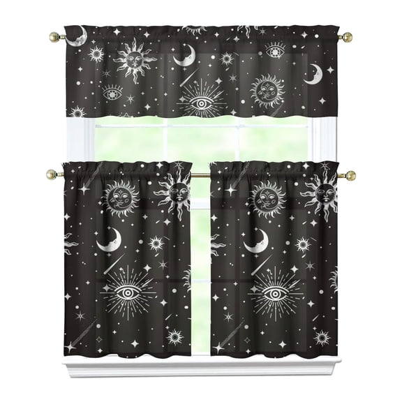 Kitchen Curtains 36 Inch Short - 3 Panel Set, Gothic Celestial Sun and Moon Print, Mystical Starry Night Astrology Aesthetic, Rod Pocket Window Curtain, Easy Wash