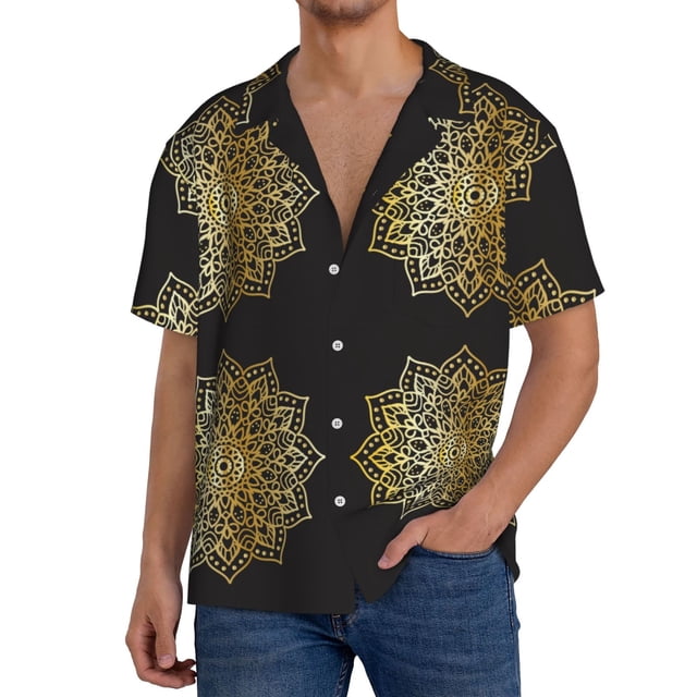 Fotbe Gold Mandala Camisa Estampada de Manga Corta para Hombre, Casual de Verano, Estilo Playero, Sin Arrugas-4X-Large