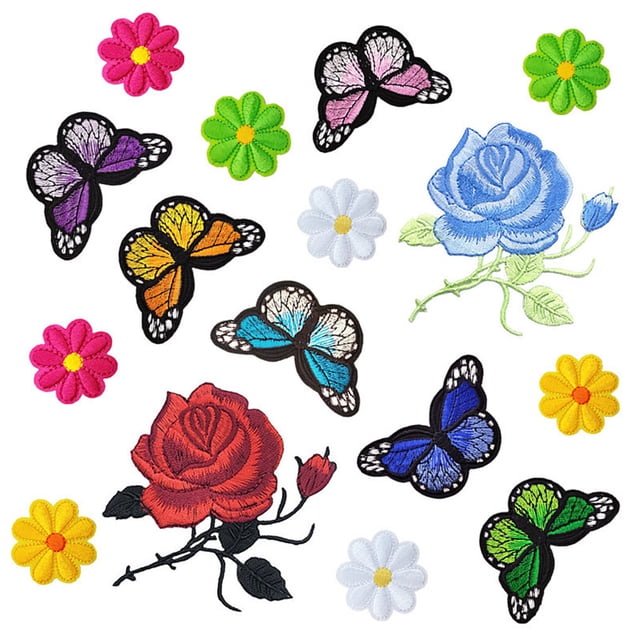 Color Random Rose Insect Embroidery Patches Set Clothing embroidery patch embroidery patch Dress DIY Cotton Blend Floral Embroidery Badge, 16pcs