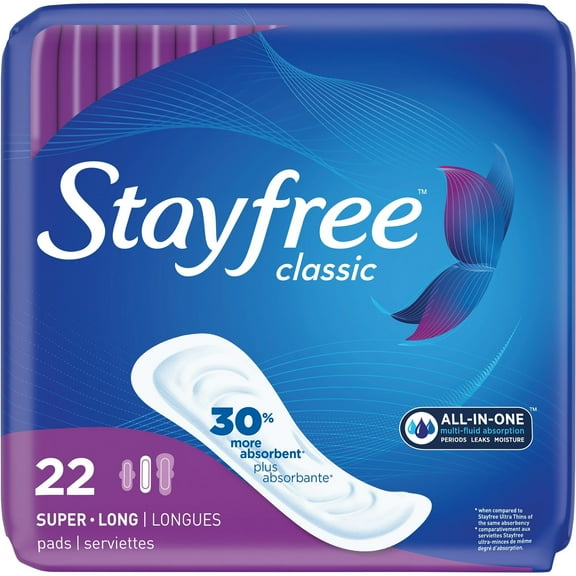 Stayfree Classic Pads Super Long without Wings, Unscented, (2 pack of 22 Ct)