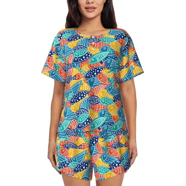 Balery Colorful Fish 1 Conjunto de Pijama para Mujer con Estampado, Dos Piezas de Manga Corta y Shorts, Ropa de Dormir Suave con Cuello Redondo y Bolsillos-Medium