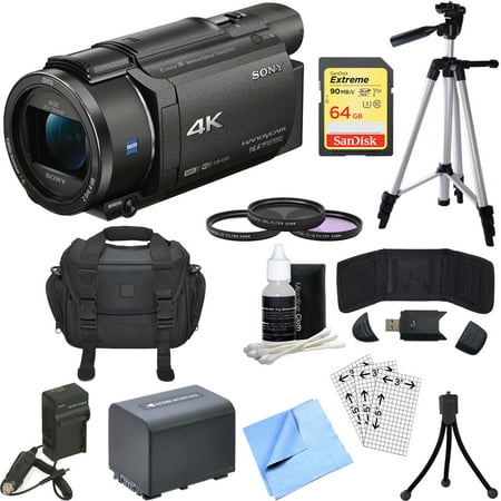 Sony FDR-AX53/B 4K Handycam Camcorder Bundle includes Handycam, 55mm Filter Kit, Battery, Charger, 64GB SDXC Memory Card, Bag, Tripod, Card Reader + Wallet, Cleaning Kit, Beach Camera Cloth and (Best Handycam In India)