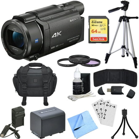 Sony FDR-AX53/B 4K Handycam Camcorder Bundle includes Handycam, 55mm Filter Kit, Battery, Charger, 64GB SDXC Memory Card, Bag, Tripod, Card Reader + Wallet, Cleaning Kit, Beach Camera Cloth and More!