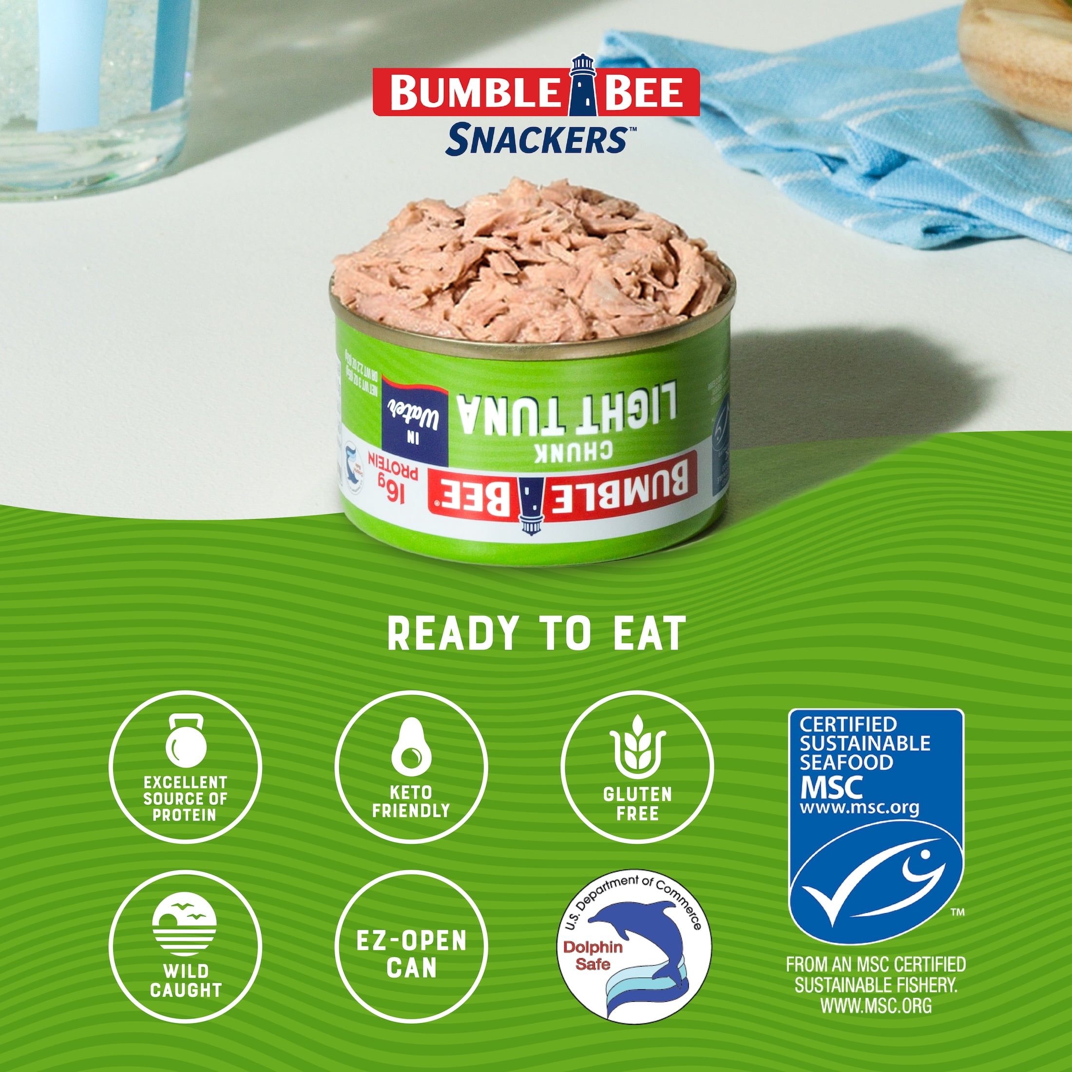 (16 pack) Bumble Bee Chunk Light Tuna, Wild Caught, Gluten Free, 16g Protein per Serving, Ready to Eat, Shelf Stable Pull Tab Can, 3oz