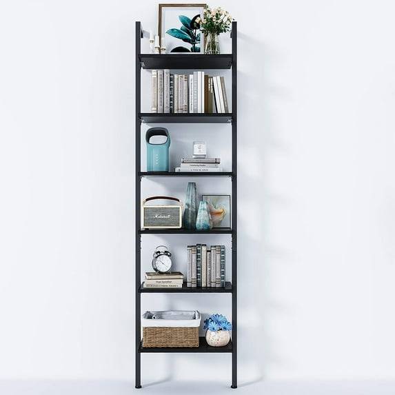 ZXNYH 6-Tier Ladder Shelf, 87 Inches Wall Mounted Ladder Bookshelf with Metal Frame, Open Industrial Shelves for Home Office, Bedroom and Living Room, Black