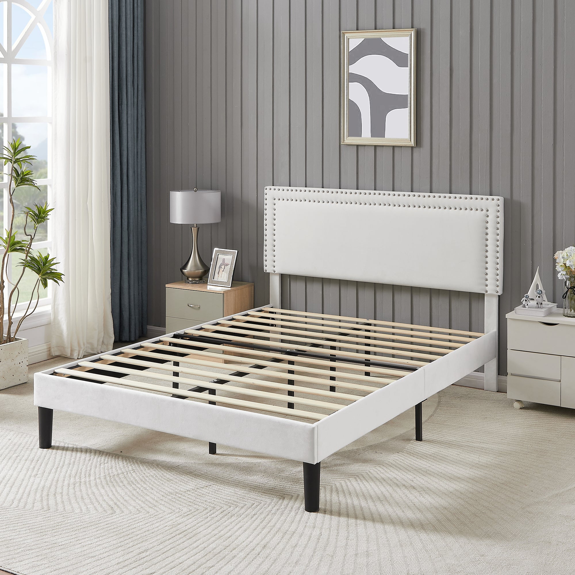 Katkuca Full Bed Frame, Upholstered Queen Size Platform Bed Frame with Adjustable Headboard, Strong Wood Slat Support, No Box Spring Needed, White