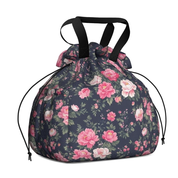 Pioneer Flower Drawstring Lunch Bag Women - Drawstring Lunch Bag Insulated for Work Office - Stain-Resistant Large Lunchbags for Women with Multi-Pockets