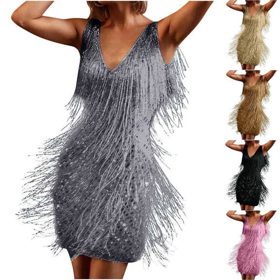 Juesizh Cocktail Dresses for Women Plus Size V Neck Sleeveless Party Mini Dress Fashion Dance Solid Color Tassel Evening Dress, S-5XL