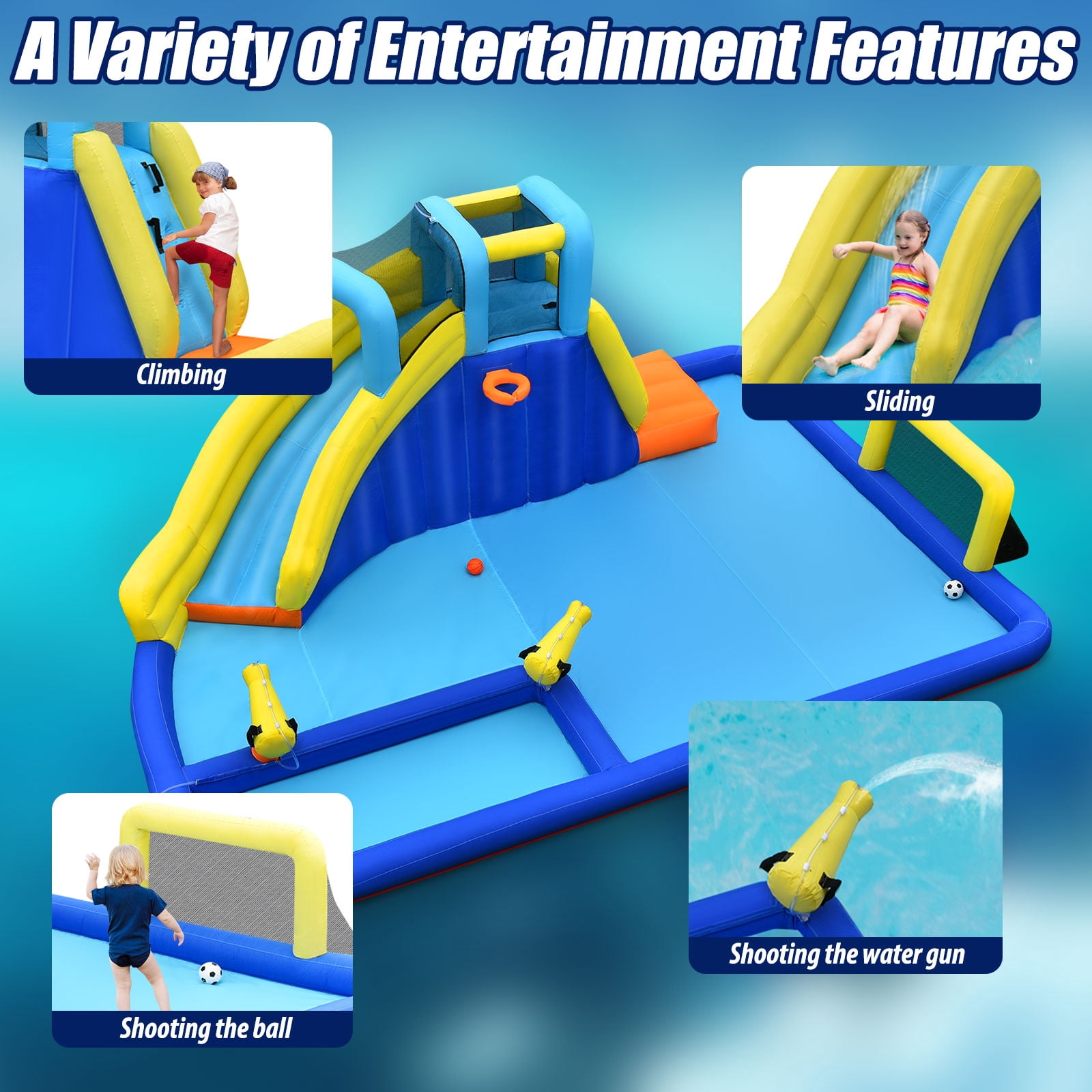 Topbuy Inflatable Bounce House Water Slide Bouncer with Ball Shooting Climbing Wall for Outdoor Entertainment without Blower