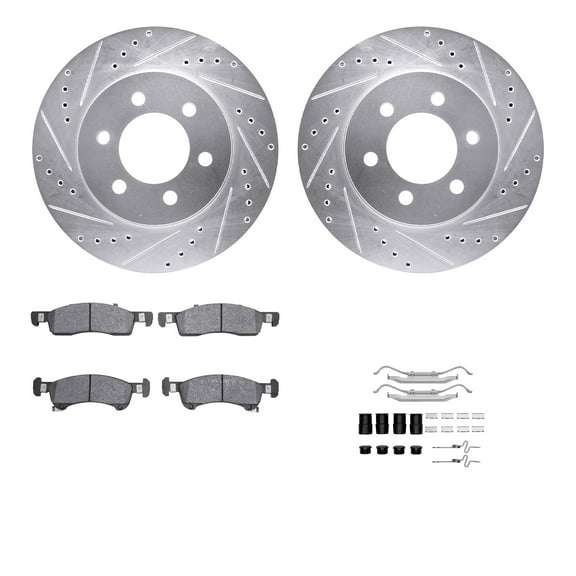 Dynamic Friction Company Front Brake Rotors-Drilled and Slotted-Silver with Heavy Duty Brake Pads includes Hardware 7212-48080