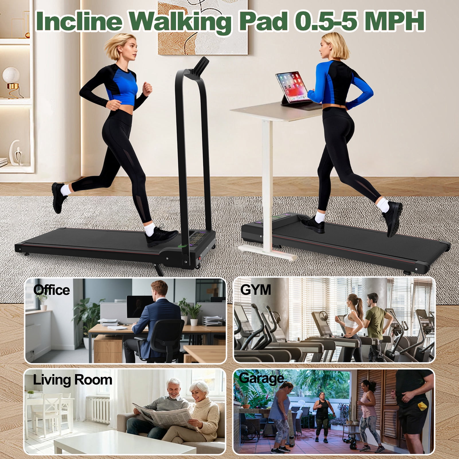 Foldable Treadmill With Handle Bar & Incline, 2 In 1 Upgrade Portable Under Desk Walking Pad And Vibration Pad With Remote Control For Home Office Small Spaces,Green
