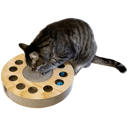 UPC: 0842229113877 | FurHaven Pet Cat Scratcher | Pie-Shaped Corrugated Cat Scratcher Busy Box with Catnip Tan Woodgrain