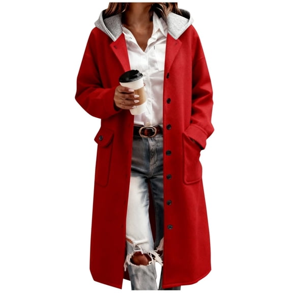 LWavelet Hooded Long Wool Coat Women Warm Winter Daily Trendy Oversized Versatile Cozy Outerwear Red 2XL