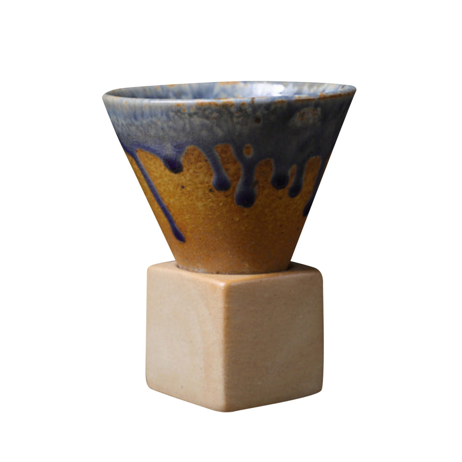 Coarse Pottery Coffee Mugs, Japanese Style Ceramic Tea Cups Triangular Cone Shape Porcelain Retro Mug with Square Base Heat Resistant Funnel Mugs Espresso Latte for Home Picnic Office