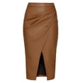 thumbnail image 3 of Women's Faux Leather Midi Pencil Skirt, High Waist Ruched Wrap Slit Skirt, Elegant Bodycon Skirt for Office Party, 3 of 4