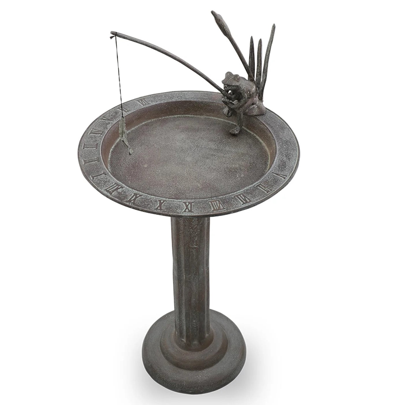 Fishing Frog Verdigris Green Metal Birdbath