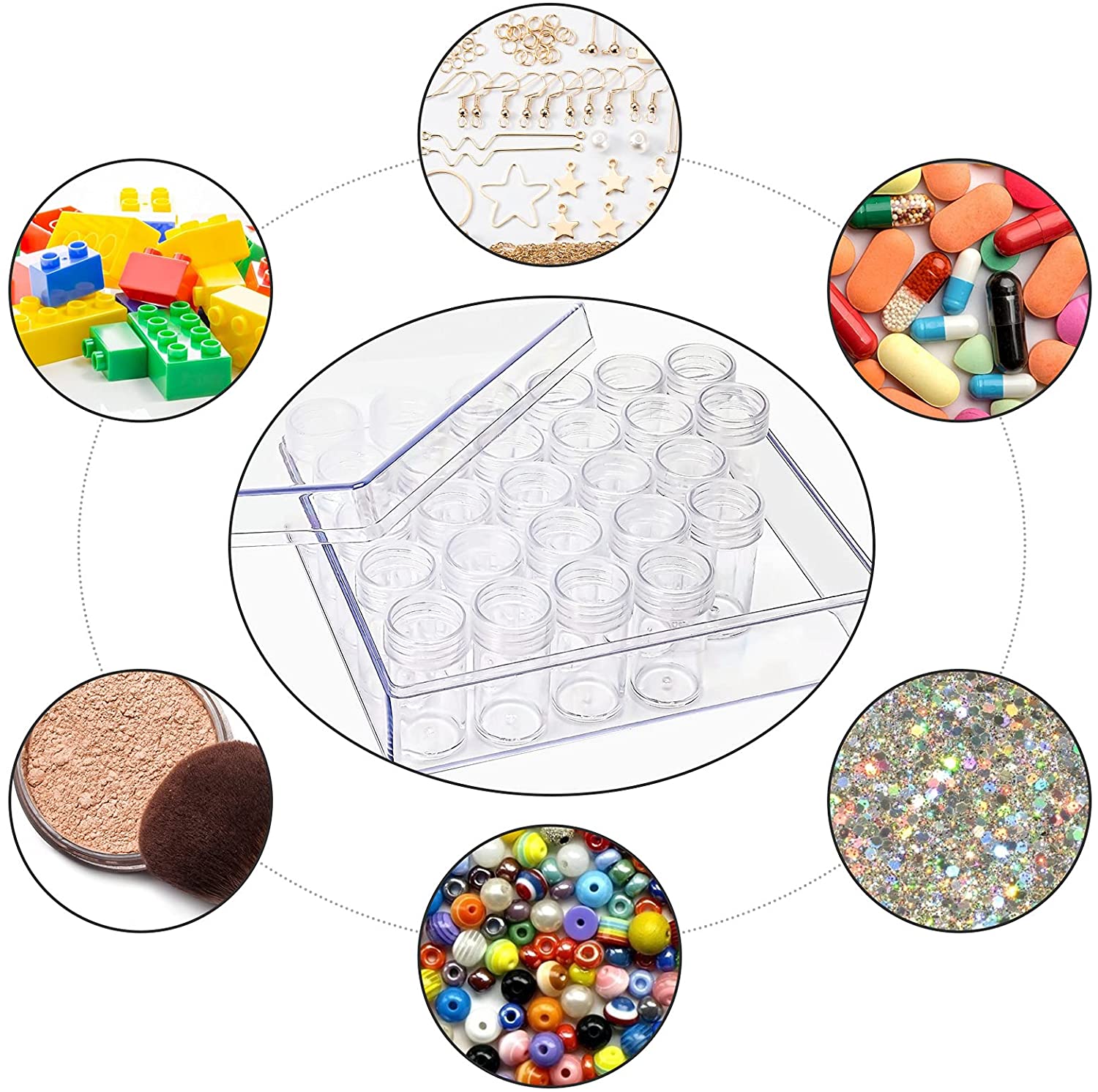 Embroidery Diamond Storage Box, 30PCS Big Clear Plastic Bead Containers with Silicone Funnel for Jewelry Painting DIY Art Craft Rhinestones Sewing Cosmetic Nail Glitter Powder