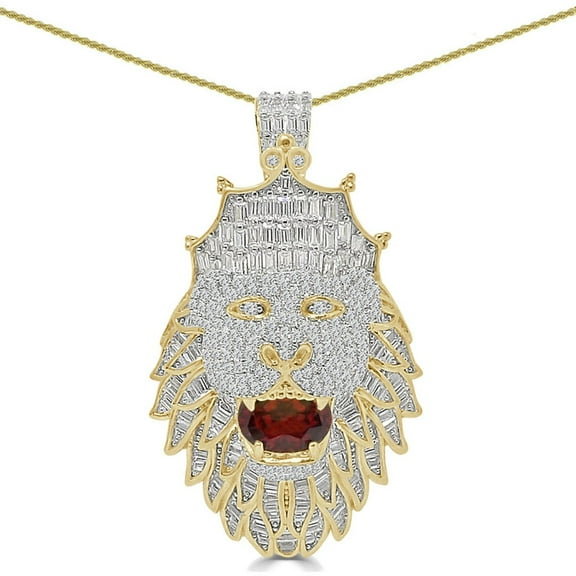 31 Grams Real Sterling Silver 3.50 Cwt. Baguette/Round Cut Simulated Diamond 14K Gold Finish Lion Head Crown Face Charm Pendant Free Chain