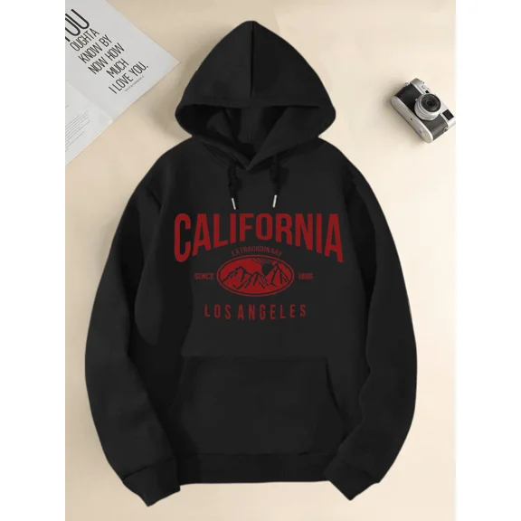 Men's Printed Hooded Solid Color Sweatshirt With California Los Angeles Graphic, Comfortable Soft Long Sleeve Tops Unisex Casual Hoodie