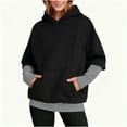 thumbnail image 2 of Otntypg Splicing Oversized Hoodies for Women Casual Striped Patchwork Fake Two Piece Long Sleeve Hooded Pullover Sweatshirts Loose Fit Soft Hoodie Tops with Pockets Black S, 2 of 10