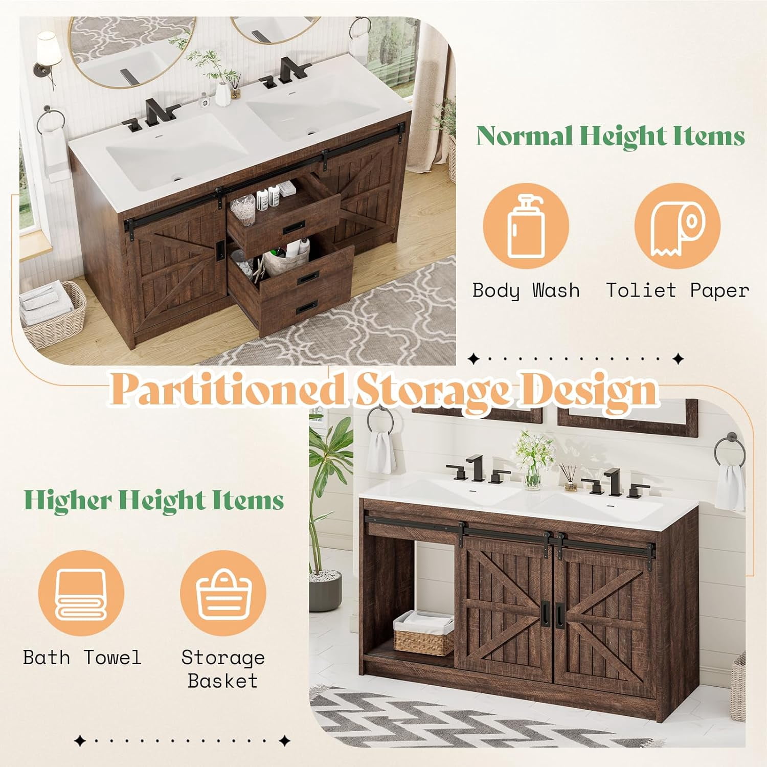 PLAUIN 61" Farmhouse Double Bathroom Vanity with Sink Combo, Dual Basin Bathroom Storage Cabinet with Sliding Barn Doors & Drawers, Brown