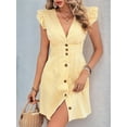 thumbnail image 5 of Women'S Striped Summer Dresses V Neck Casual Mini Dress Flutter Sleeve Ruffle Button Sundresses Yellow L, 5 of 8