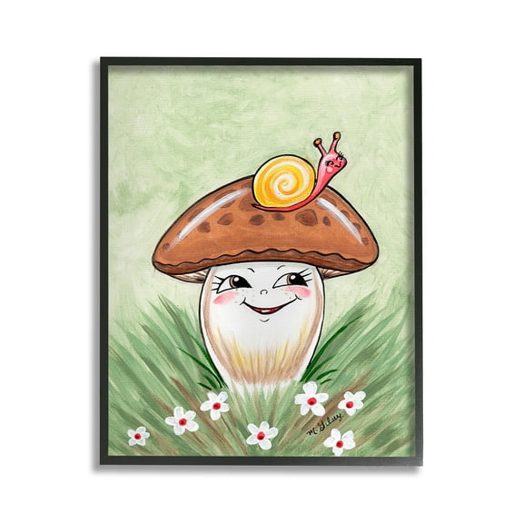 Stupell Industries Smiling Mushroom & Snail Botanical & Floral Painting Black Framed Art Print Wall Art, 11 x 14