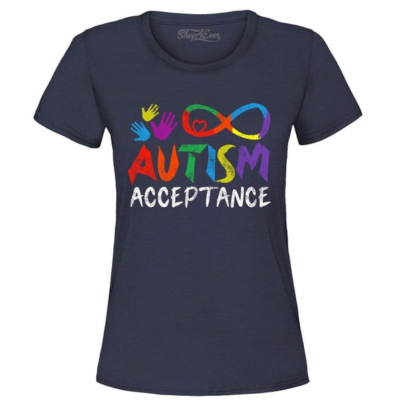 Shop4Ever Women's Autism Acceptance Infinity Symbol Graphic T-Shirt Small Navy