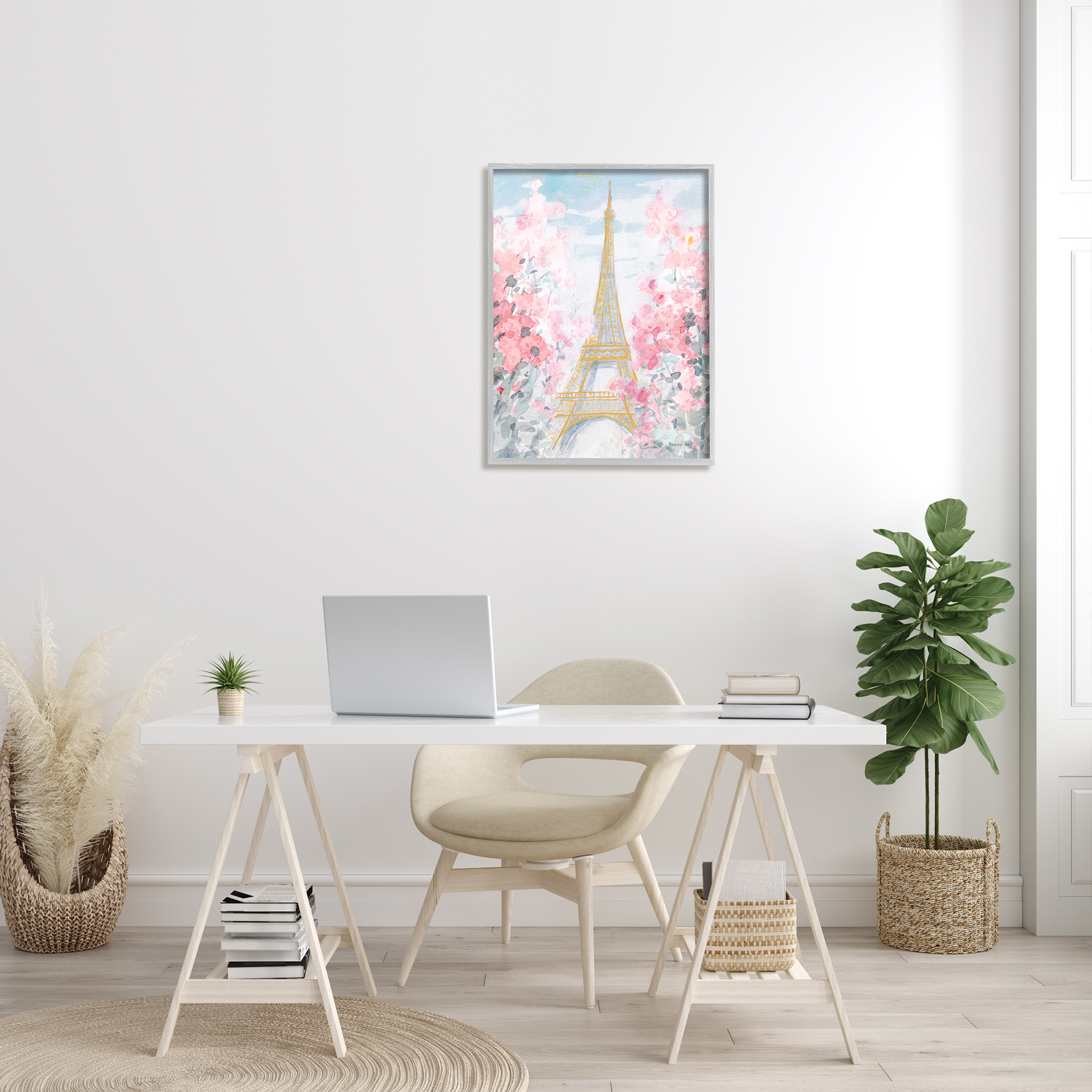 Stupell Industries Eiffel Tower Pink Parisian Spring Florals European Landmark Travel & Places Painting Gray Framed Art Print Wall Art, 24 x 30