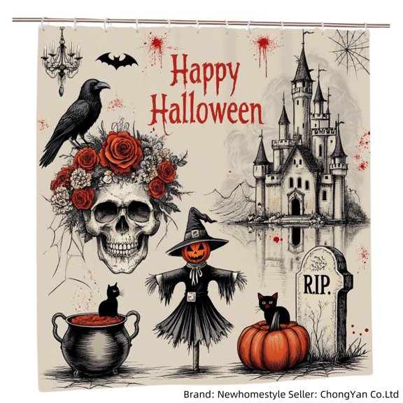 Newhomestyle Happy Halloween Polyester Shower Curtain with Skull Roses Castle and Pumpkin for Home Bathroom Bath Tub Decor 72x72 inch