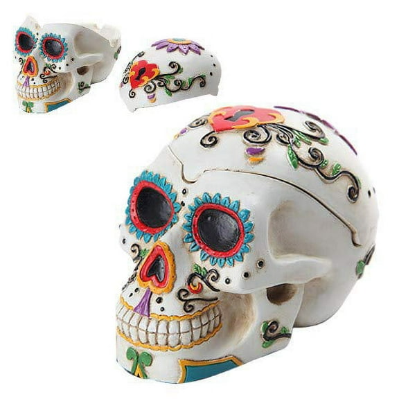 Pacific Giftware PTC Day of The Dead Themed Skull Hand Painted Resin Ashtray, White