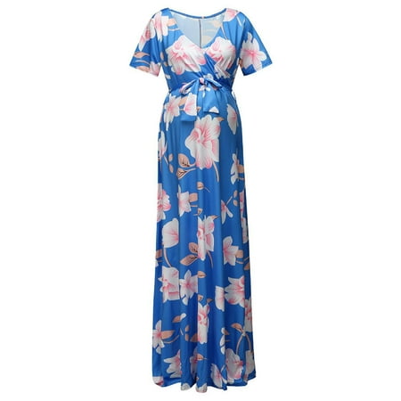

Binmer Plus Size Dress V-Neck Short-Sleeved Belt Printed Maternity Dress For Women