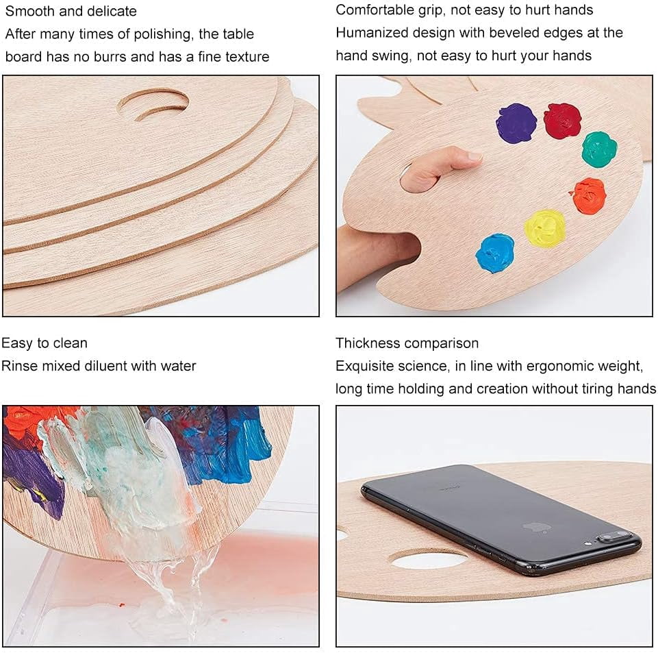PH 4pcs Oval Wooden Painting Palette 7 x 18 Inch Wooden Paint Tray Artist Painting Palette with Thumb Hole for Acrylic Watercolor Oil Paints and Brushes DIY Art Craft Painting