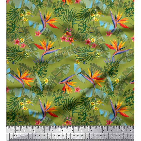 Soimoi Rayon Fabric Tropical Leaves,Plumeria & Heliconia Floral Print Sewing Fabric Yard 56 Inch Wide