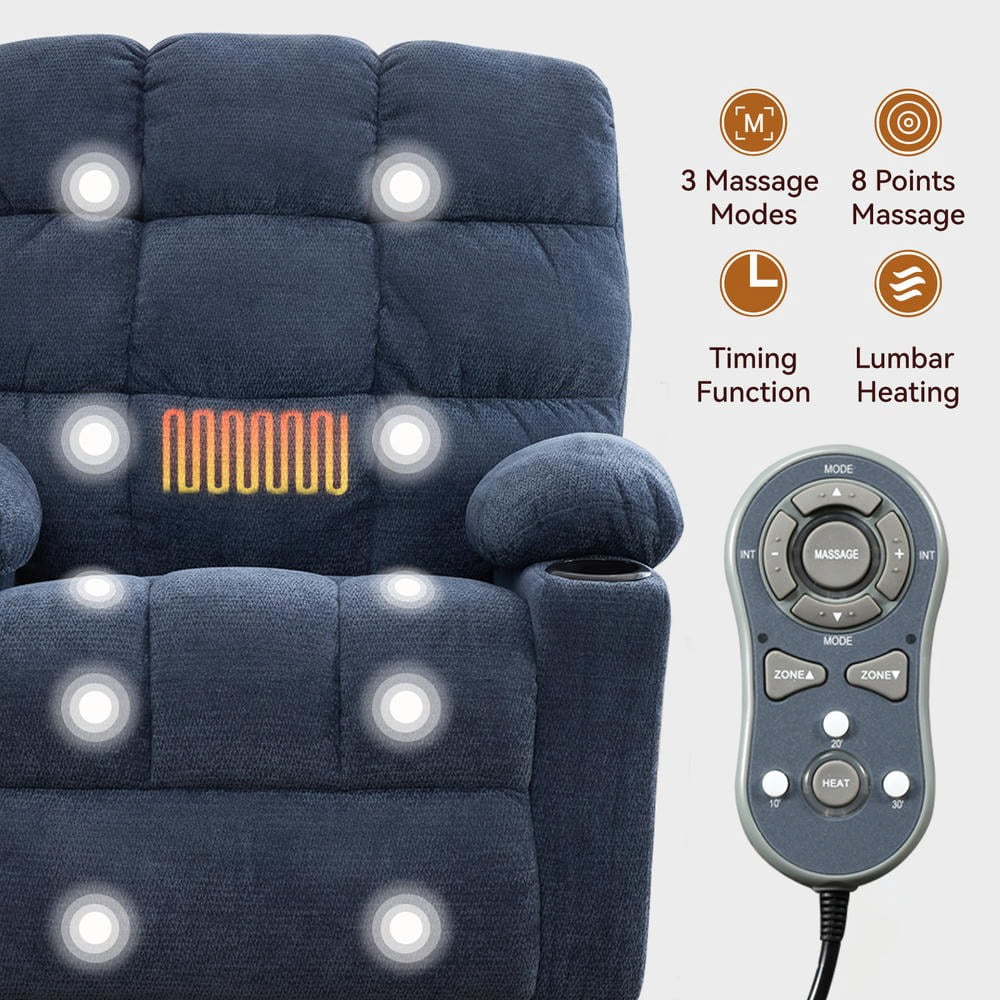 GVN Manual Rocker Recliner with Heat Massage, Swivel Motion, Durable Fabric for Lounge, Blue