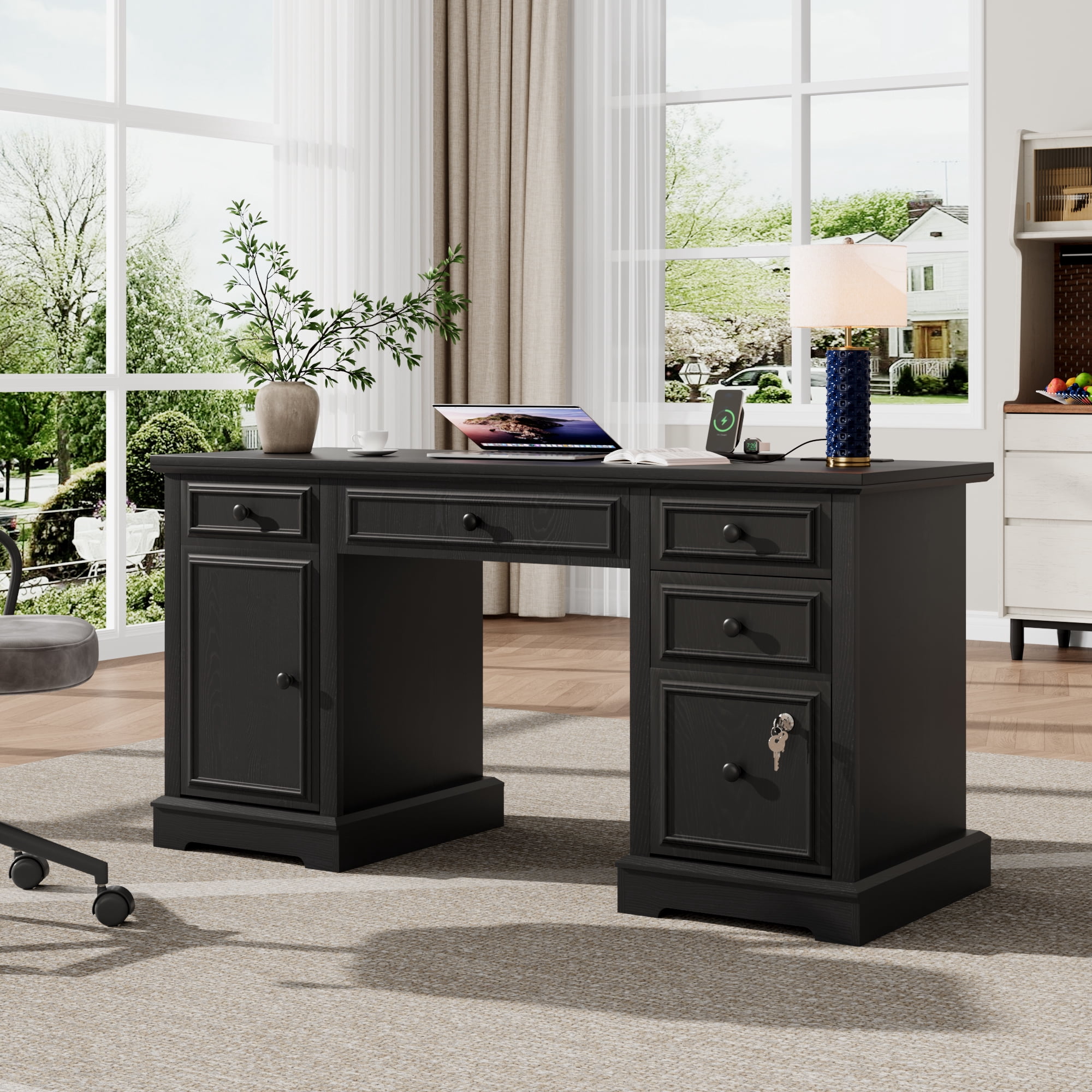 60" Farmhouse Executive Desk with File Drawer, Storage Cabinet, Wood Home Office Desk , Rustic Computer Writing Desk for Home, Study, Work, Writing